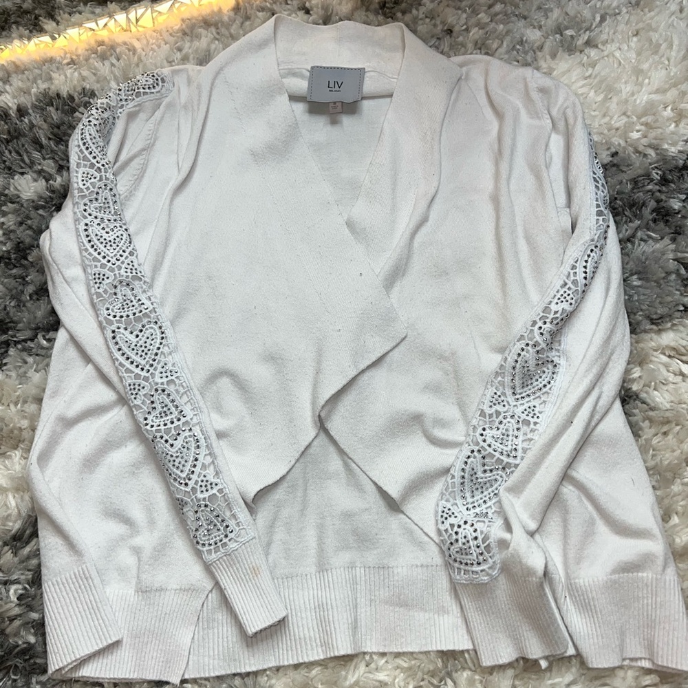 LIV Milano White Open Cardigan Rhinestone Sleeve Sweater